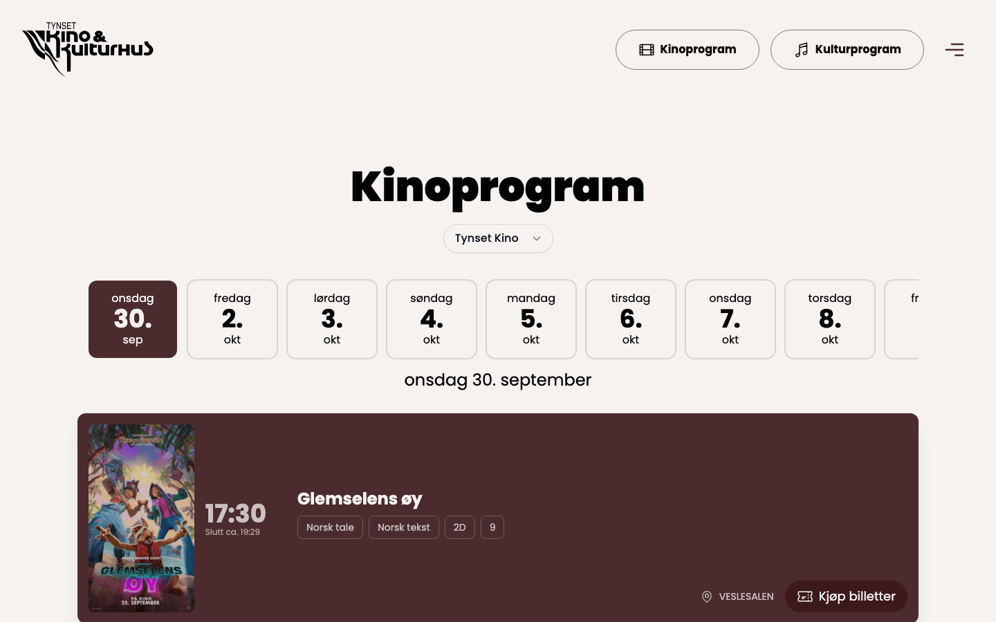 Kinoprogrammet med datovelger