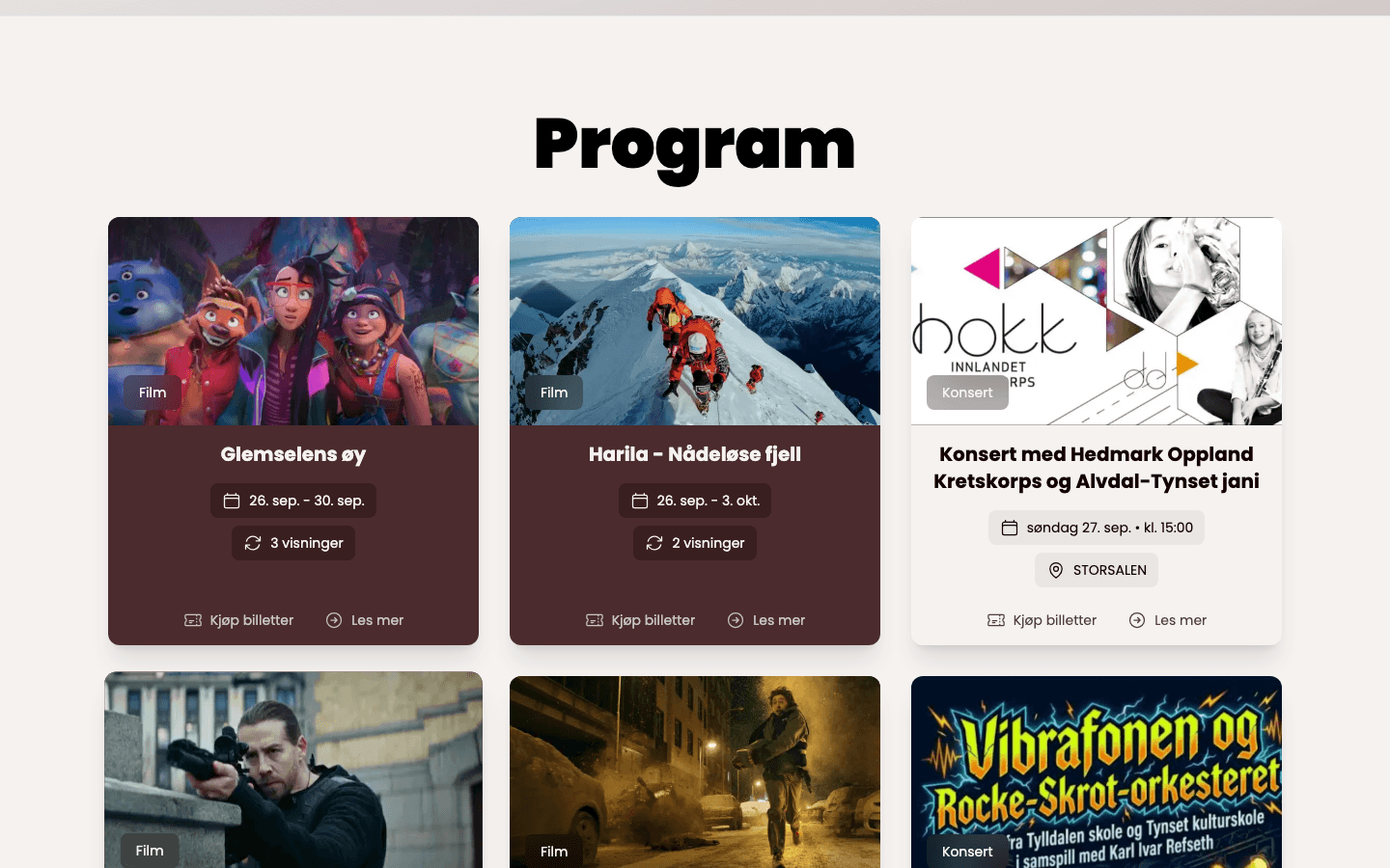 Filmer og arrangementer i samme program, i kronologisk rekkefølge